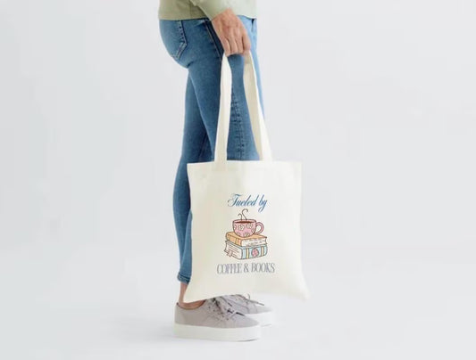 Tote Bag - Fueled By Coffee & Books - 15”W x 16”H