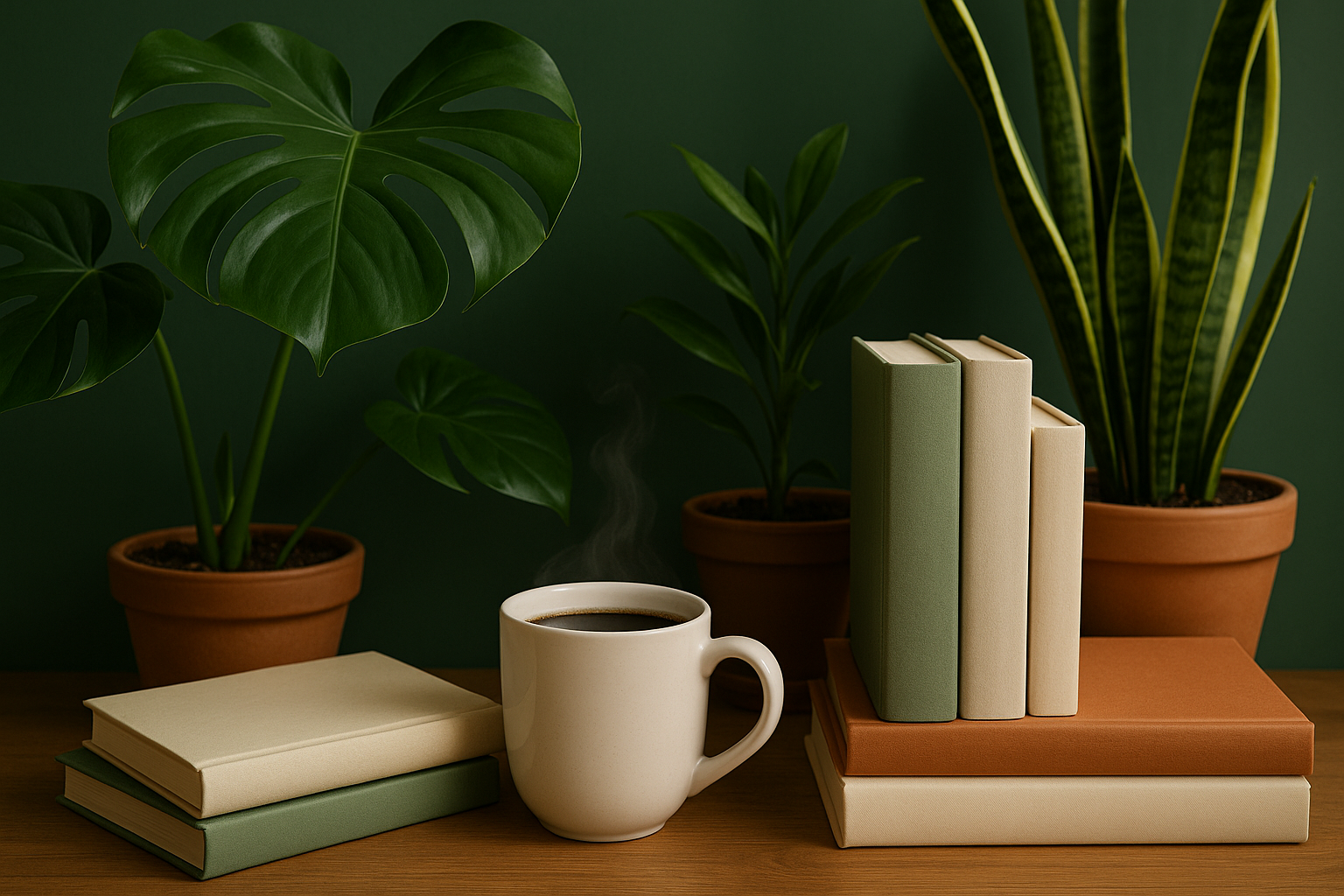 green background with plants, coffee and books with no names 